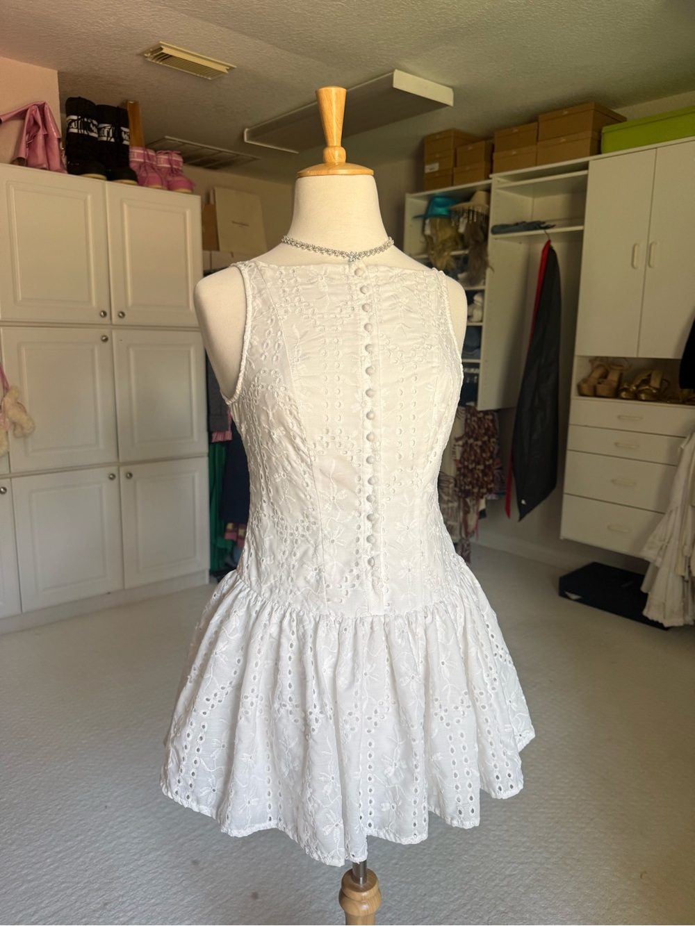 Sleeveless White Eyelet Mini Dress